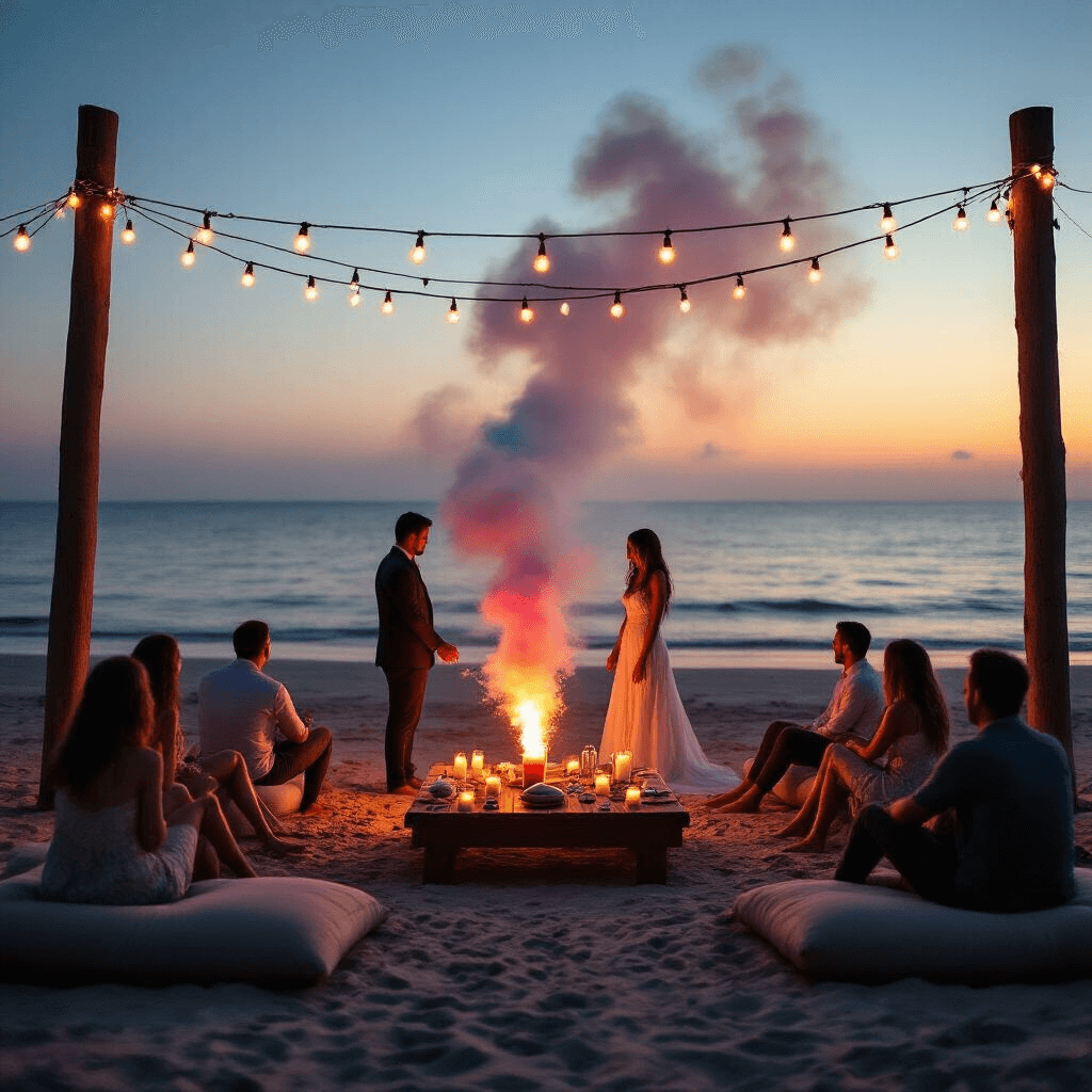 Boy or Girl? Ultimate Guide to Memorable Gender Reveals A silhouetted expecting couple prepares to ignite colorful smoke bombs on a private beach at twilight, framed by warm white lights on weathered wood pylons, while guests relax on oversized cushions around low tables decorated with seashells and candles, under a magical sunset and twinkling stars.