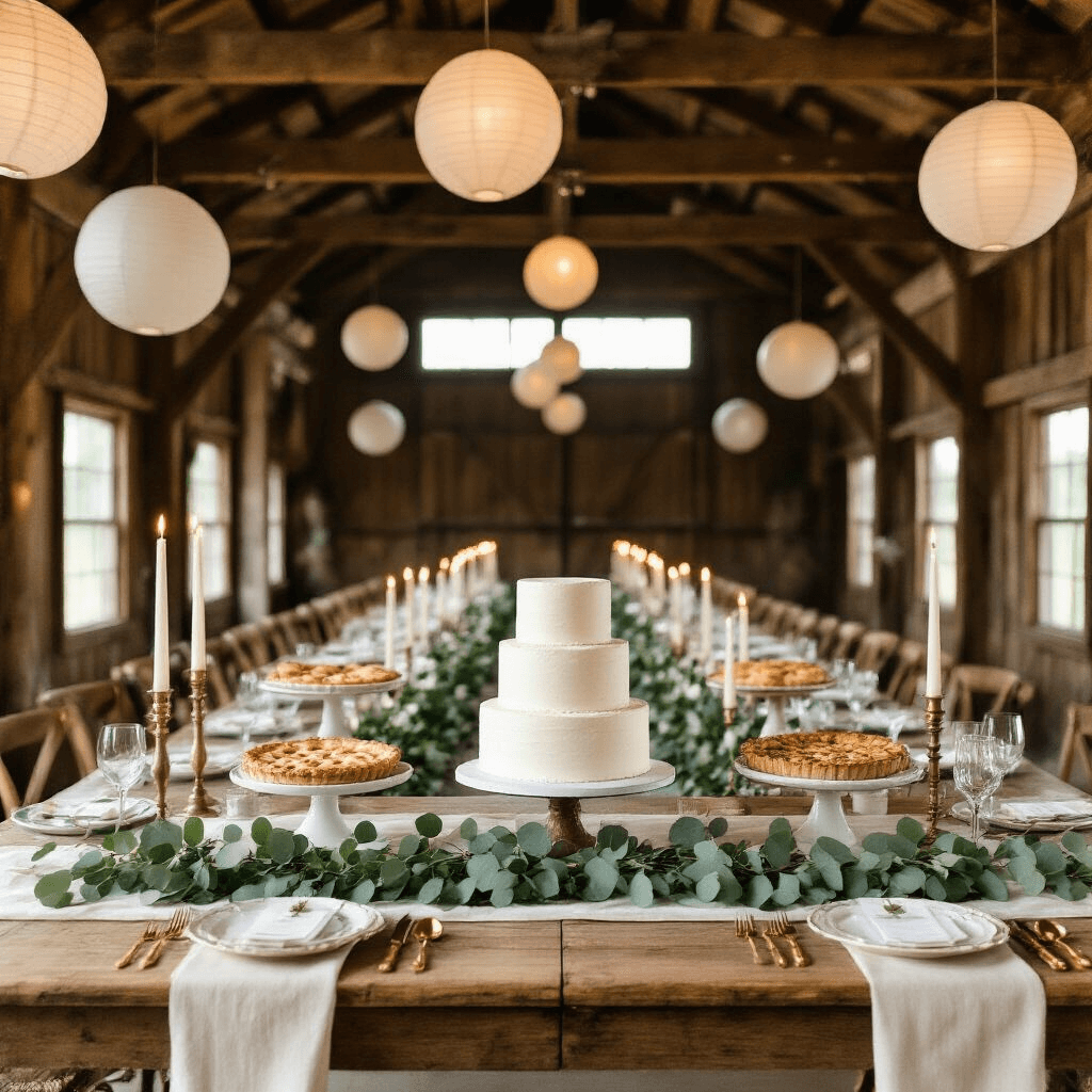 Boy or Girl? Ultimate Guide to Memorable Gender Reveals Overhead view of a rustic barn celebration featuring a long farmhouse table with an ivory linen runner, eucalyptus garlands, pillar candles, a two-tier white cake, vintage pies and tarts on mismatched china, gold cutlery, and warm glowing paper lanterns above.