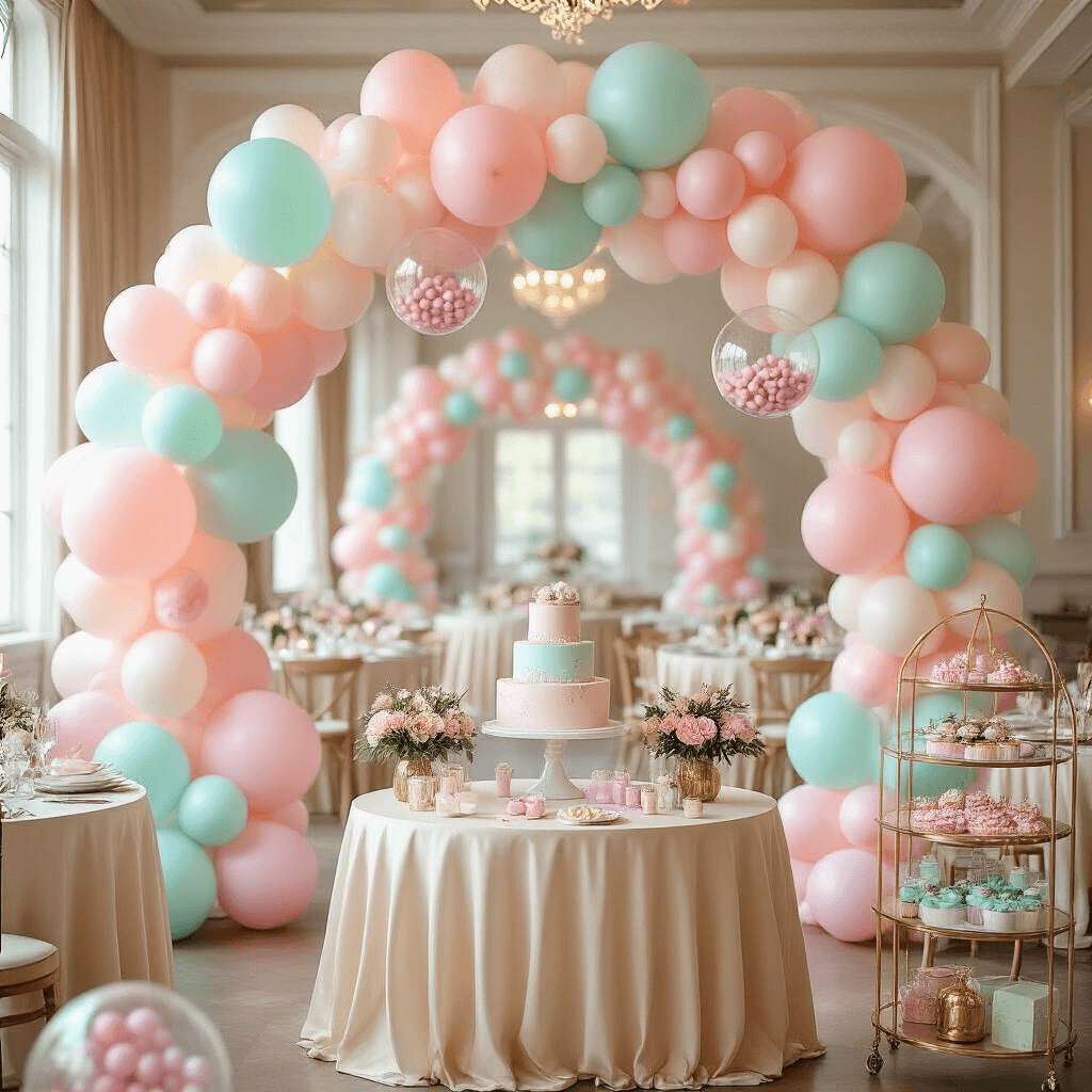 Boy or Girl? Ultimate Guide to Memorable Gender Reveals A wide-angle view of a whimsical pastel-themed ballroom featuring an elaborate balloon arch in blush, mint, and ivory, with clear balloons filled with pink and blue confetti scattered around. Round tables with champagne-colored linens are adorned with fresh flower centerpieces and gold geometric terrariums, alongside a dessert cart overflowing with color-coordinated sweets, creating an atmosphere of playful elegance and anticipation.