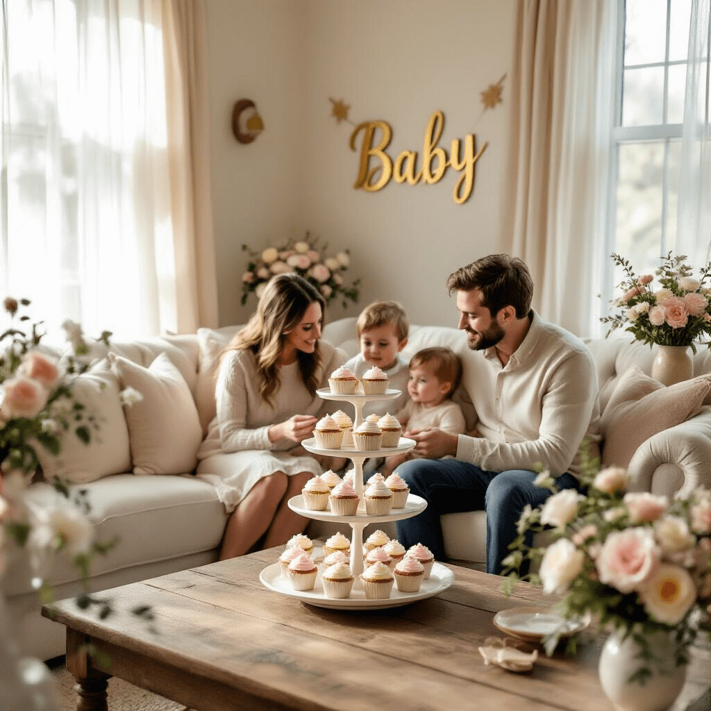 Sweet & Simple: Intimate Gender Reveal Ideas That Wow Without the Mess A cozy living room filled with soft afternoon light, featuring an expectant couple on a cream sofa surrounded by family, reaching for pastel frosted cupcakes on a tiered stand, with floral arrangements and a 'Baby' banner in gold behind them.