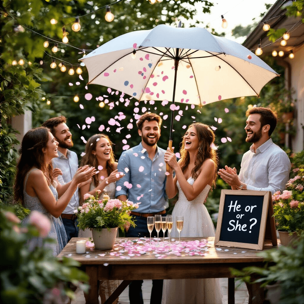 Sweet & Simple: Intimate Gender Reveal Ideas That Wow Without the Mess A joyful backyard patio scene at golden hour, featuring a young couple under a large white umbrella surrounded by friends, with soft pink and blue confetti raining down. Lush greenery and potted flowers enhance the ambiance, while a vintage wood table displays champagne flutes and a 'He or She?' chalkboard sign.