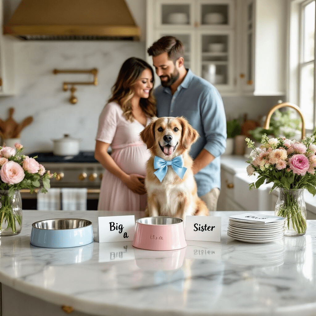 Sweet & Simple: Intimate Gender Reveal Ideas That Wow Without the Mess An expectant couple stands in a sunlit kitchen with marble countertops, their dog wearing a large bow between them. A 'Big Brother' dog bowl is on the counter alongside fresh flowers and 'It's a...' cards, capturing a moment of joyful anticipation.