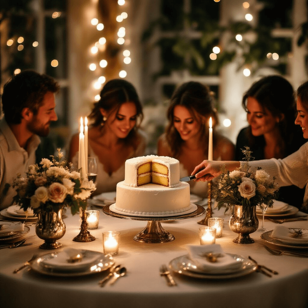 Sweet & Simple: Intimate Gender Reveal Ideas That Wow Without the Mess A warm and intimate dining nook featuring a family gathered around a round table with an elegantly frosted cake being cut, revealing a colorful interior, surrounded by vintage china, low floral arrangements, taper candles, and twinkling fairy lights.