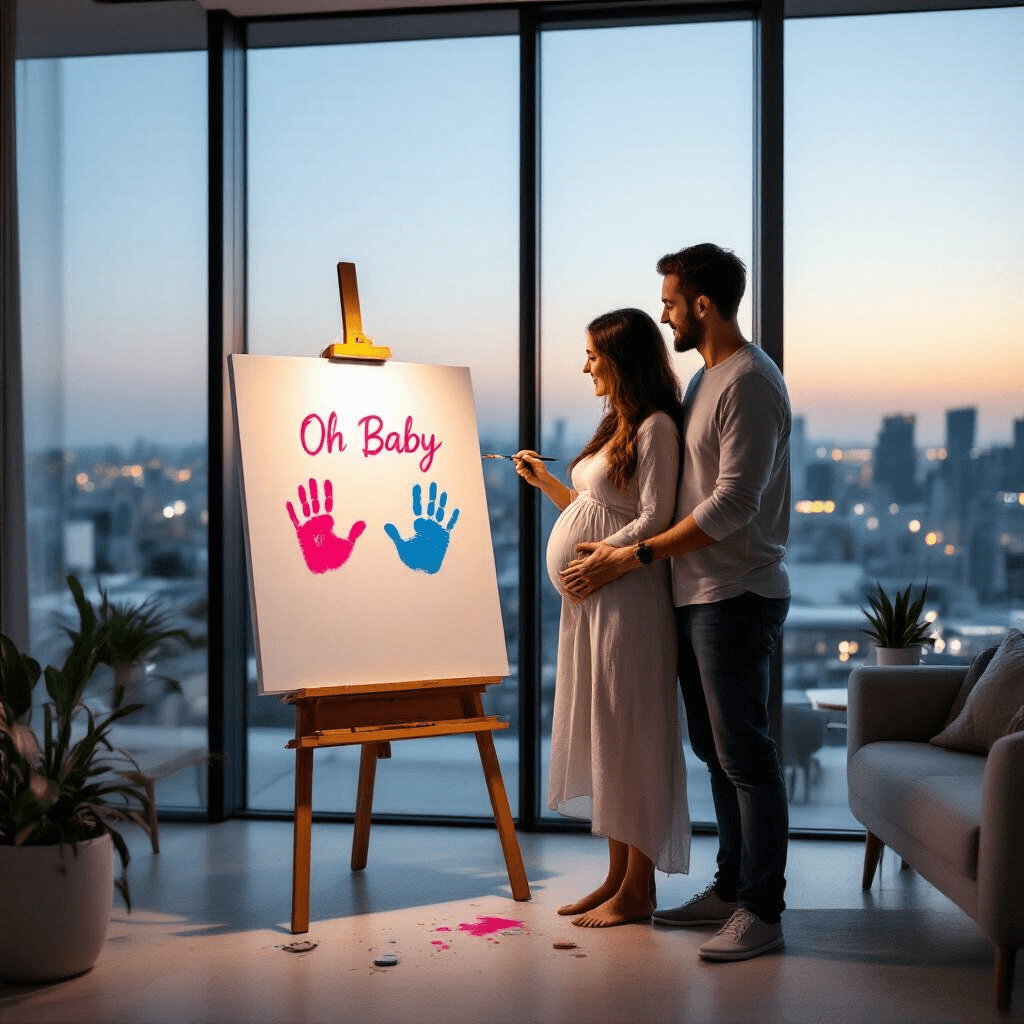 Sweet & Simple: Intimate Gender Reveal Ideas That Wow Without the Mess A modern, minimalist living space with floor-to-ceiling windows reveals a twilight cityscape. A couple stands before a blank canvas on an easel, holding paintbrushes and displaying handprints in pink or blue paint, signifying their baby's gender. The scene features splatters of color, sleek neutral furniture, air plants, and a neon 'Oh Baby' sign, capturing the emotional embrace of the parents-to-be.