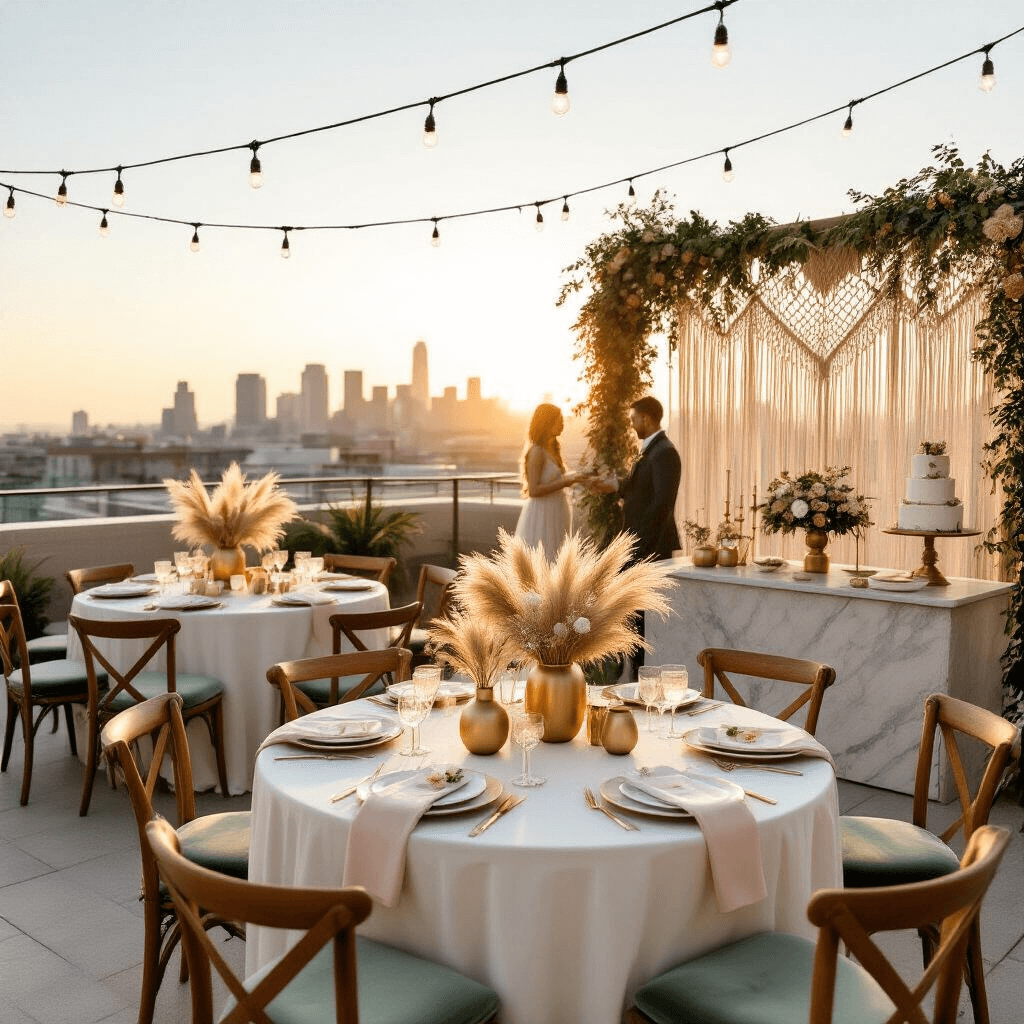 Crafting the Perfect Gender Reveal Aesthetic: A Modern Guide to Memorable Celebrations A sunlit rooftop terrace elegantly set for a gender reveal celebration, featuring round tables with white linens, pampas grass centerpieces, sage and blush velvet cushions, a macramé backdrop, fairy lights overhead, and a marble dessert cart with a decorated cake against a city skyline.