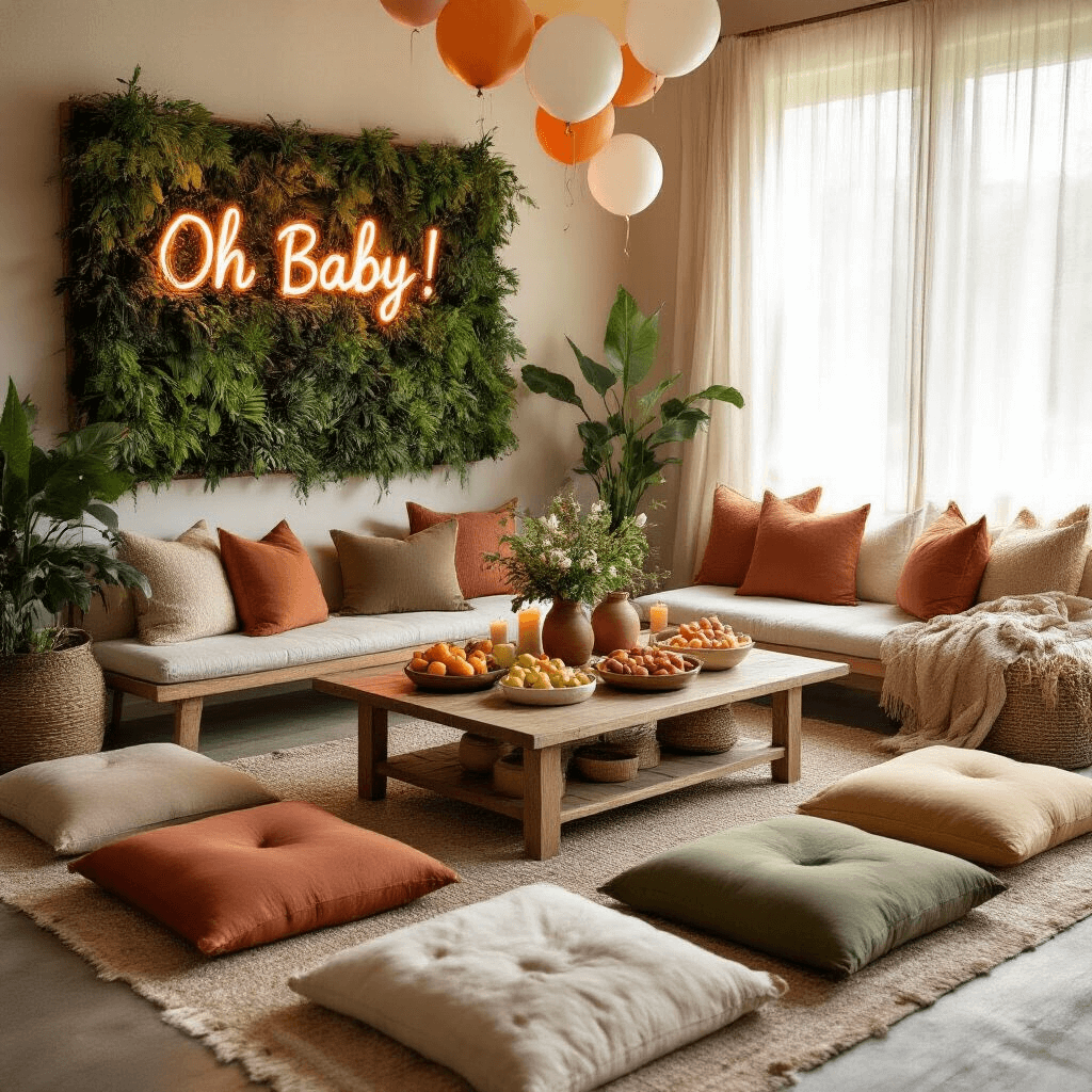 Crafting the Perfect Gender Reveal Aesthetic: A Modern Guide to Memorable Celebrations A cozy, eco-friendly living room set up for a gender reveal gathering, featuring natural light, plush floor cushions in earthy tones, a low coffee table adorned with handcrafted name cards and beeswax candles, fresh fruit, and rustic pottery. A lush vertical garden and a neon sign reading 'Oh Baby!' create a vibrant backdrop, with biodegradable confetti-filled balloons floating above.