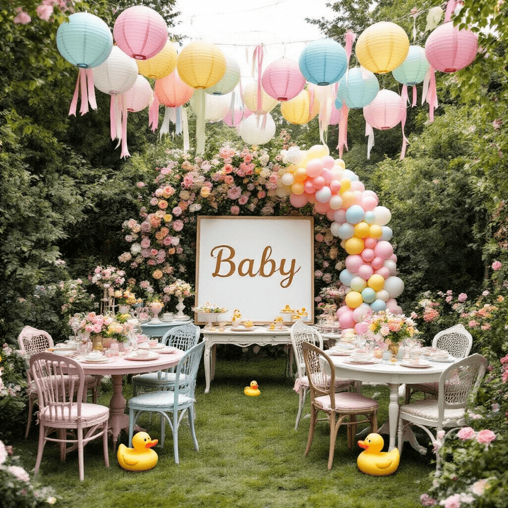 Crafting the Perfect Gender Reveal Aesthetic: A Modern Guide to Memorable Celebrations A whimsical garden party gender reveal with mismatched vintage tables and chairs adorned with pastel linens and delicate china. Playful rubber ducky accents complement a canopy of paper lanterns and colorful ribbons overhead. An oversized 'Baby' letter board is the focal point, encircled by a lush balloon arch in muted rainbow hues, captured in an overhead shot showcasing the joyful and eclectic styling.