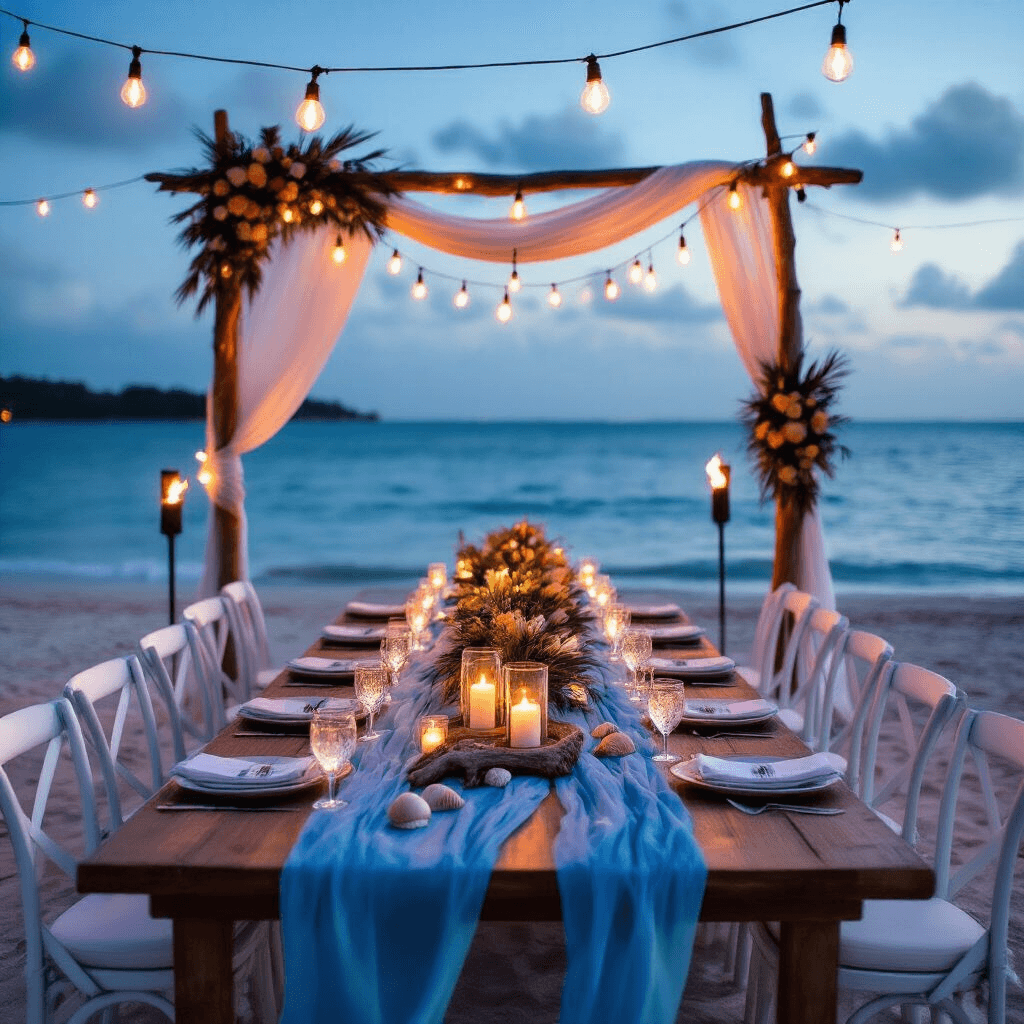Crafting the Perfect Gender Reveal Aesthetic: A Modern Guide to Memorable Celebrations A dreamy beachfront gender reveal at twilight, featuring wooden tables draped in blue wave-like runners, decorated with driftwood and seashells, illuminated by warm Edison bulbs and tiki torches, framed by a custom driftwood arch adorned with fabric and tropical blooms.