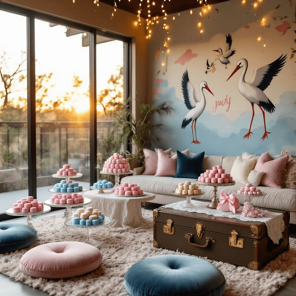 Ultimate Gender Reveal Party Decorations: Create a Memorable Celebration A cozy living room gender reveal party at golden hour, featuring floor-to-ceiling windows, low tables with ivory lace runners and pink and blue macarons, plush velvet floor cushions, a mural of storks carrying bundles, twinkling fairy lights, and a vintage trunk filled with gender-guessing props like mustaches and bows.