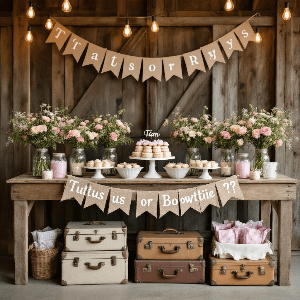 Ultimate Gender Reveal Party Decorations: Create a Memorable Celebration Rustic barn interior set up for a country-style gender reveal, featuring a dessert table adorned with mason jars of pastel wildflowers, a burlap banner reading 'Tutus or Bowties?', and handcrafted wooden signs for 'Team Pink' and 'Team Blue' voting. Vintage suitcases with gingham-wrapped party favors and soft Edison bulbs overhead create a warm ambiance.