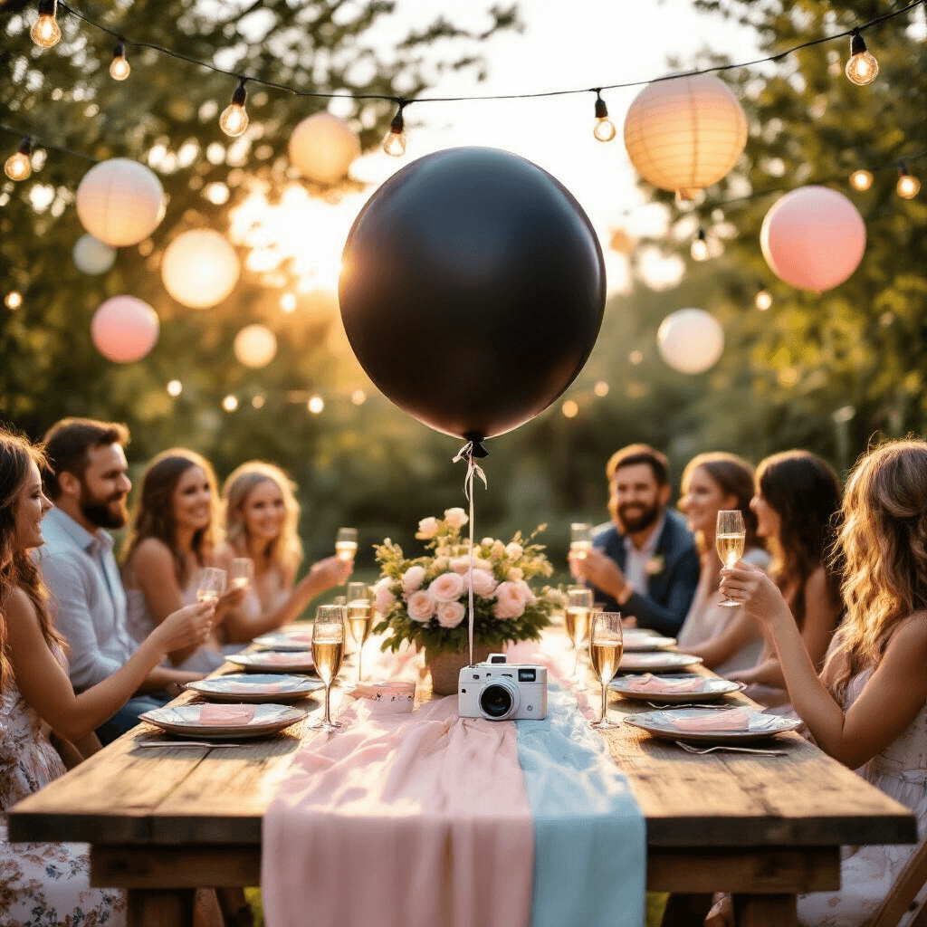 Unforgettable Gender Reveal Ideas: Creative Ways to Share Your Baby's Big Secret! A sun-drenched backyard gender reveal party featuring a rustic wooden table with a blush pink and powder blue ombre runner, surrounded by guests holding champagne flutes. An oversized matte black balloon is the focal point, with fairy lights overhead and pastel decorations creating a whimsical atmosphere. A vintage Polaroid camera is ready to capture the moment.