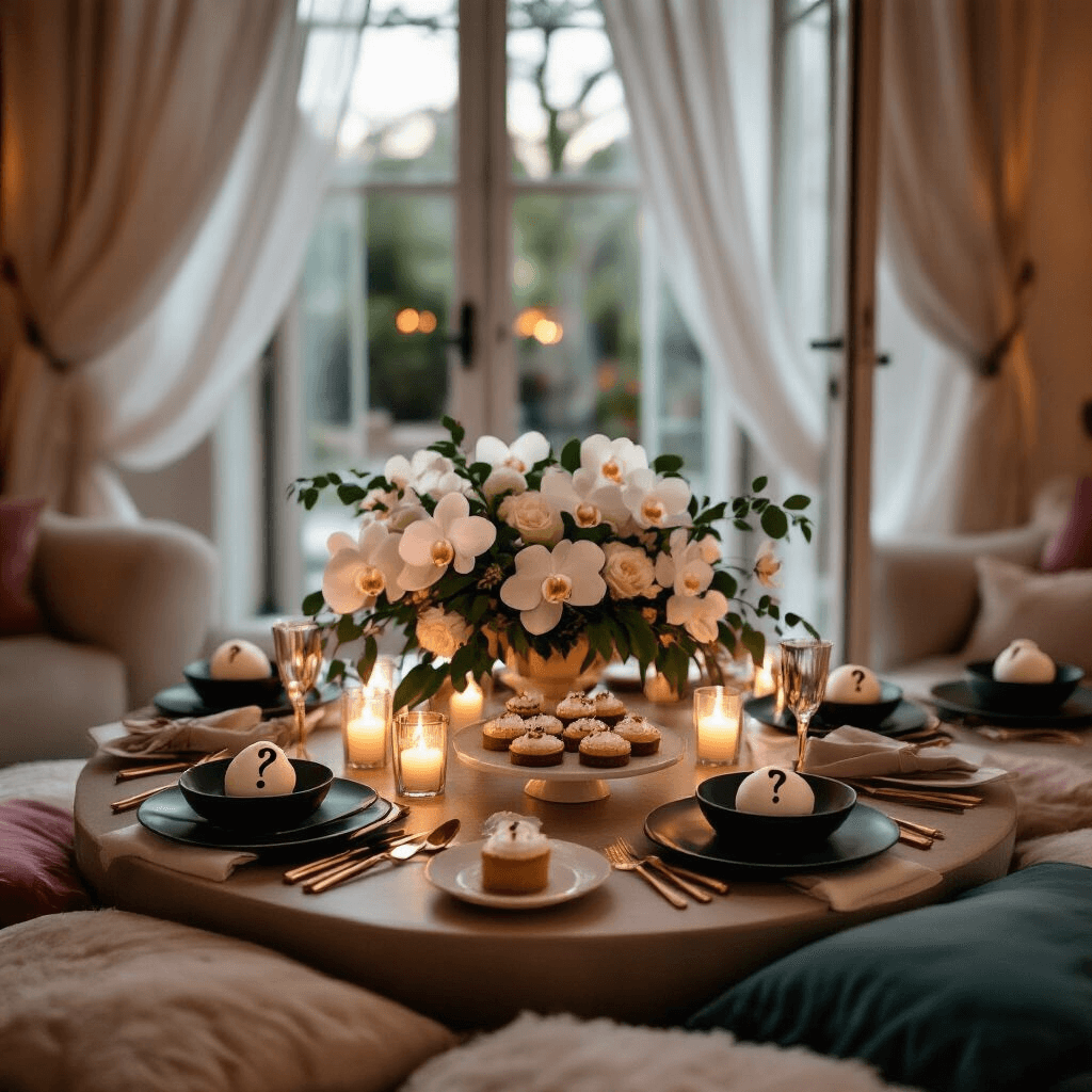 Unforgettable Gender Reveal Ideas: Creative Ways to Share Your Baby's Big Secret! An intimate gender reveal dinner party setup in a cozy living room with soft candlelight, featuring a low table adorned with a stunning centerpiece of white orchids, rose gold cutlery, and modern matte black plates. Individual desserts topped with gold leaf '?' are displayed on a tiered cake stand, while sheer curtains billow from open French doors, with blurred guests in the background.
