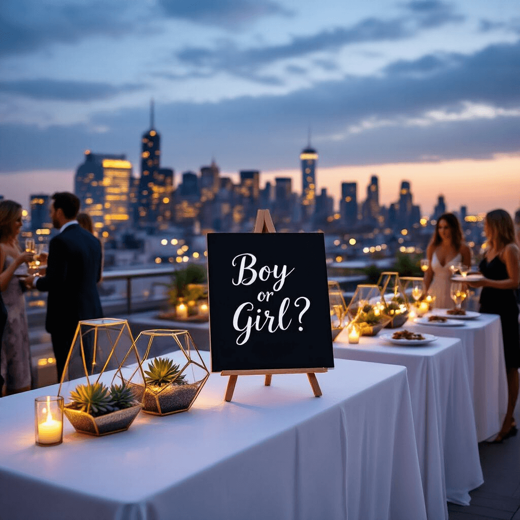 Unforgettable Gender Reveal Ideas: Creative Ways to Share Your Baby's Big Secret! Chic rooftop terrace gender reveal party at twilight, featuring sleek high-top tables with white linens, geometric gold terrariums, and a backdrop of city lights. Guests in cocktail attire mingle, with a black chalkboard easel displaying 'Boy or Girl?' in elegant calligraphy, while servers offer champagne and hors d'oeuvres. Wide-angle view showcases the festive atmosphere and cityscape.