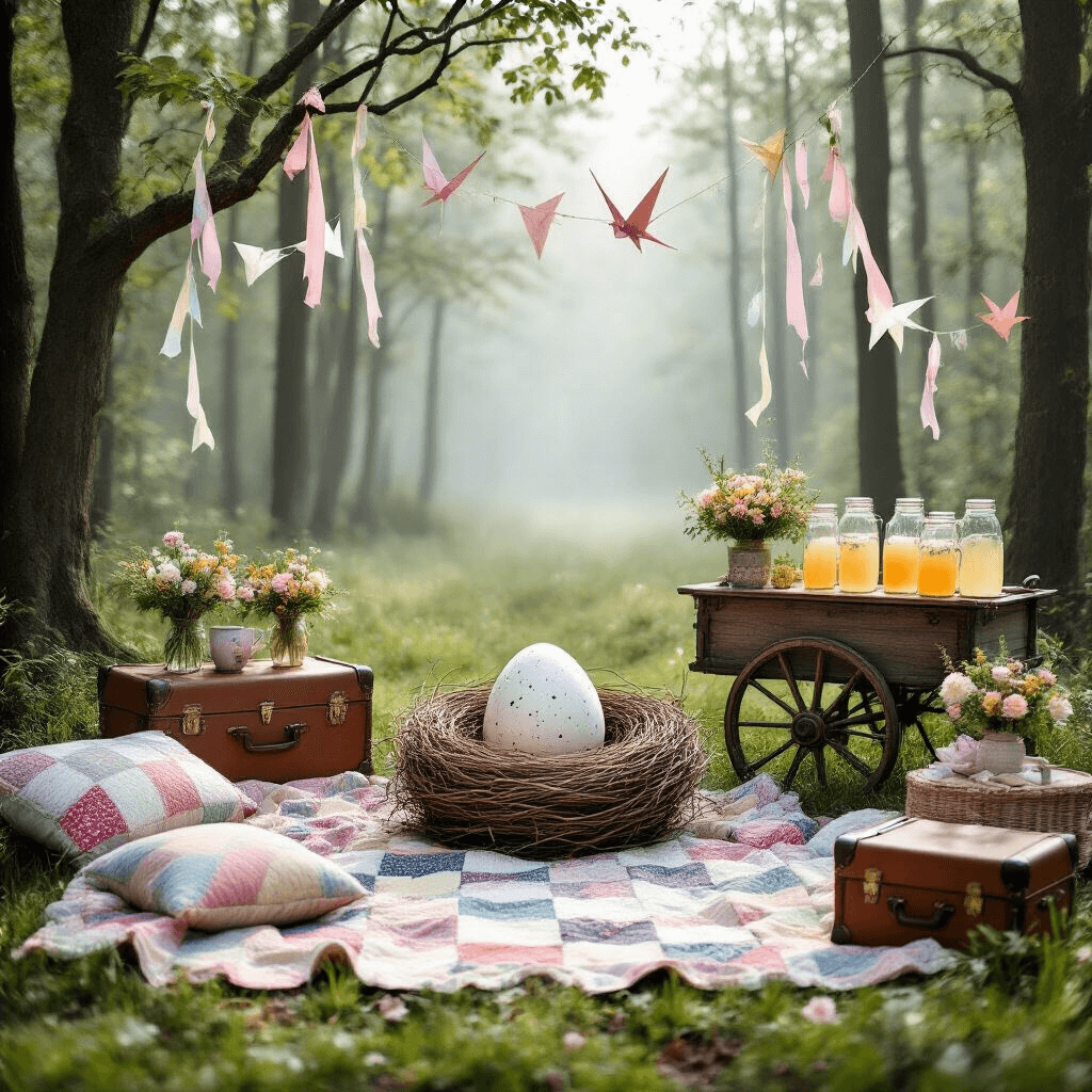 Unforgettable Gender Reveal Ideas: Creative Ways to Share Your Baby's Big Secret! A whimsical forest glade set up for a gender reveal picnic, featuring patchwork quilts, vintage suitcases, a drink cart with wildflowers and lemonade, paper cranes and pastel ribbons hanging from tree branches, and a centerpiece of a large speckled egg in a twig nest, all in soft morning light.