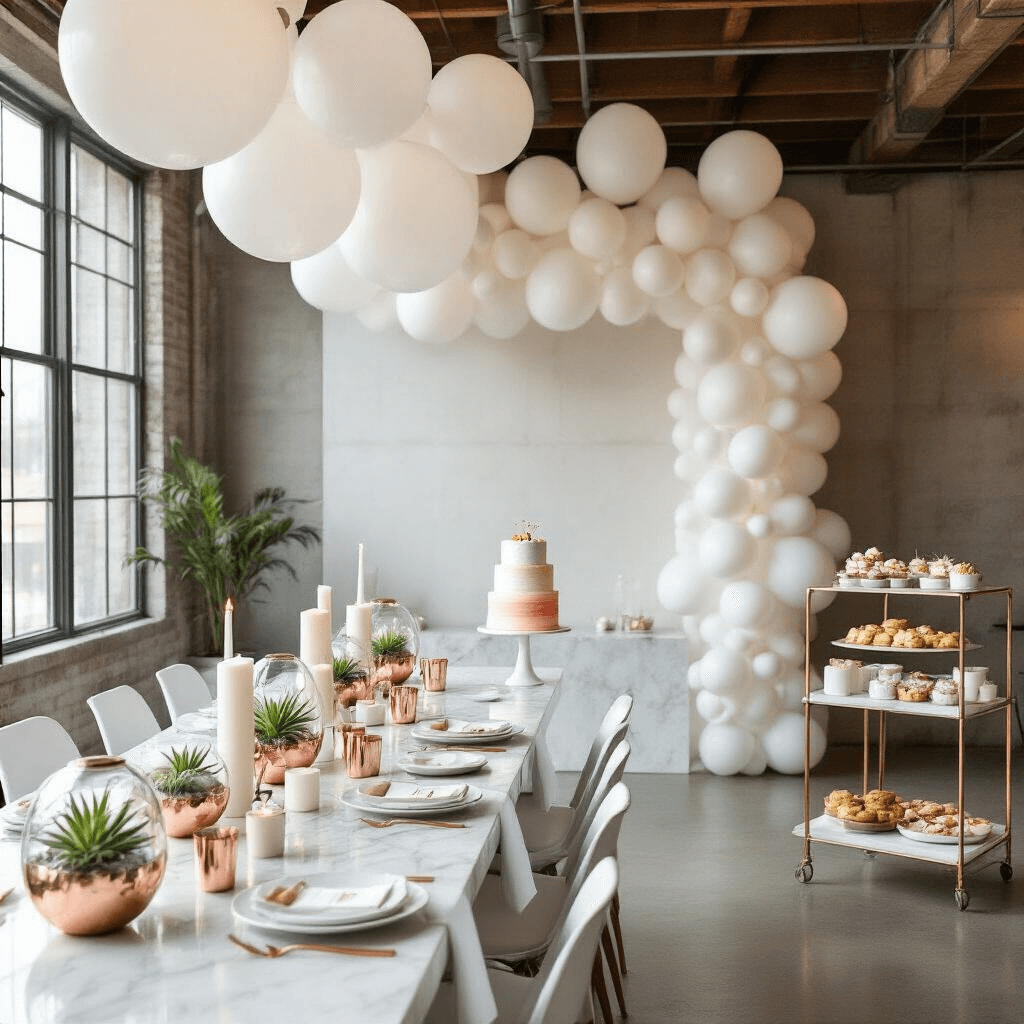 Unforgettable Gender Reveal Ideas: Creative Ways to Share Your Baby's Big Secret! A modern, minimalist loft brunch set for a gender reveal, featuring long marble tables with white linens, copper accents, geometric terrariums, white candles, a dessert cart with pastries and an ombre cake, and a wall of helium-filled white balloons, one containing colored confetti, all presented in an airy, light-filled space.