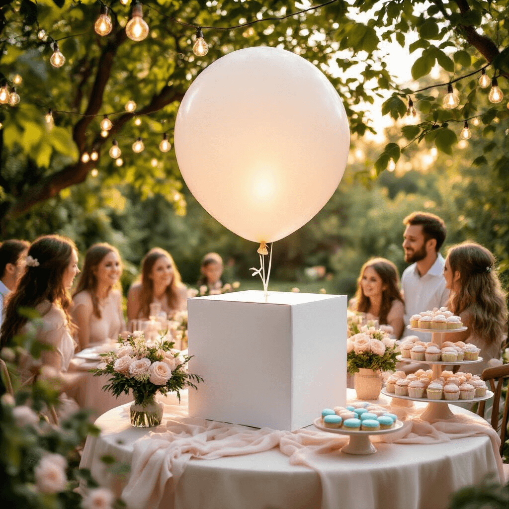 Ultimate Guide to Stunning Gender Reveal Parties: From Concept to Celebration A lively outdoor gender reveal party in a lush garden during golden hour, featuring a large white balloon box surrounded by guests in pastel outfits, draped fairy lights, round tables with blush and cream linens, floral centerpieces, and a dessert cart filled with pink and blue treats, all illuminated by soft sunset light.