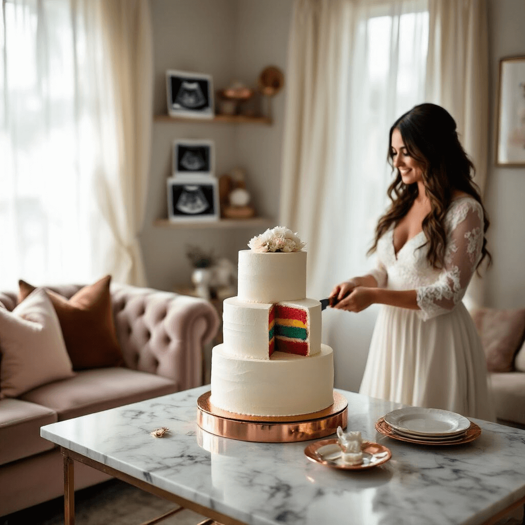 Ultimate Guide to Stunning Gender Reveal Parties: From Concept to Celebration A cozy living room scene featuring a two-tier cake on a marble countertop, surrounded by elegant copper cake stands and gold-rimmed plates. The couple holds a cake knife together, their faces filled with anticipation. Soft afternoon light filters through sheer ivory curtains, illuminating plush velvet armchairs and floating shelves adorned with ultrasound photos and baby items.