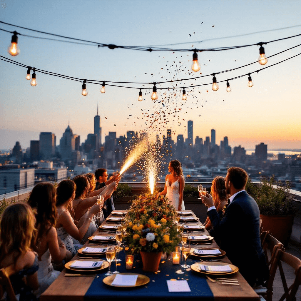 Ultimate Guide to Stunning Gender Reveal Parties: From Concept to Celebration A vibrant rooftop terrace at dusk, adorned with Edison bulbs and set with navy linens and wildflower centerpieces. Guests, backlit against the skyline, hold champagne flutes as a couple prepares to release confetti cannons, surrounded by friends and family. An overhead drone captures the festive atmosphere and urban backdrop.