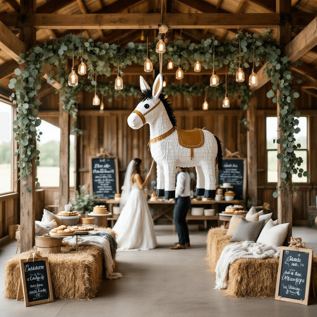Ultimate Guide to Stunning Gender Reveal Parties: From Concept to Celebration A blindfolded couple approaches a custom white and gold donkey-shaped piñata hanging from wooden beams in a rustic barn, with eucalyptus garlands and mason jar lights. Hay bale seating is adorned with blankets and pillows, while a dessert table features pies and cookies. Playful chalkboard signs add charm to the whimsical setting.