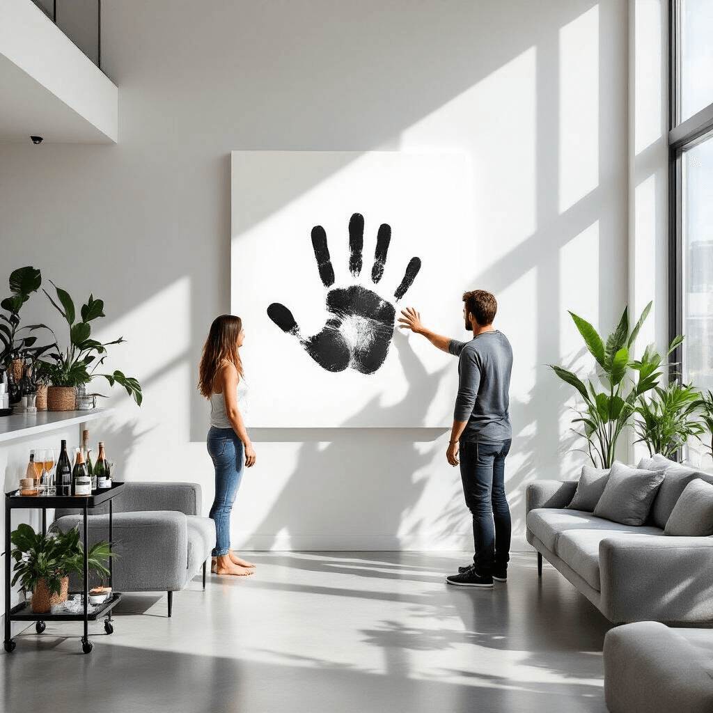 Ultimate Guide to Stunning Gender Reveal Parties: From Concept to Celebration A modern apartment interior featuring a stark white wall with a clear acrylic panel mounted on it. Sleek gray furniture complements the space, while potted plants add greenery. Sunlight floods through large windows, casting shadows. A couple, hands covered in paint, stands ready to leave a handprint on the acrylic, with soft-focused guests in the background.