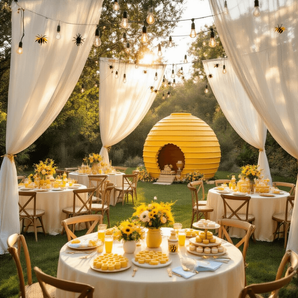 Magical Gender Reveal Decor: Creating Unforgettable Moments of Anticipation A whimsical 'What Will It Bee?' gender reveal party in a sun-drenched backyard, featuring golden hour lighting, honeycomb-patterned table linens, a beehive piñata, wildflower centerpieces, edison bulb string lights, and a dessert table with honeycomb cakes and bee-striped macarons.
