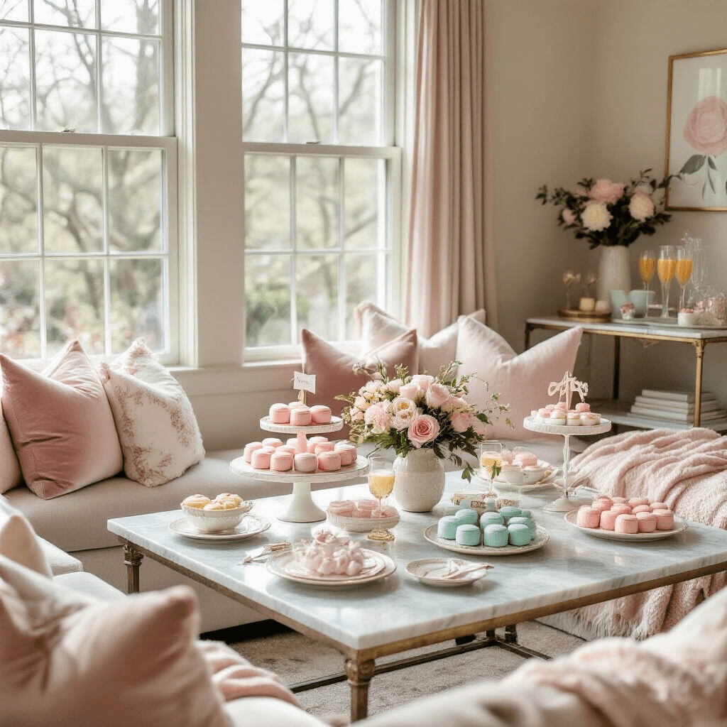 Magical Gender Reveal Decor: Creating Unforgettable Moments of Anticipation An intimate living room filled with soft morning light, featuring a blush pink and sage green tablescape for a gender reveal brunch, with velvet floor cushions, a marble-topped coffee table, delicate china, fresh spring blooms, and a tiered cake stand of pink and blue desserts.