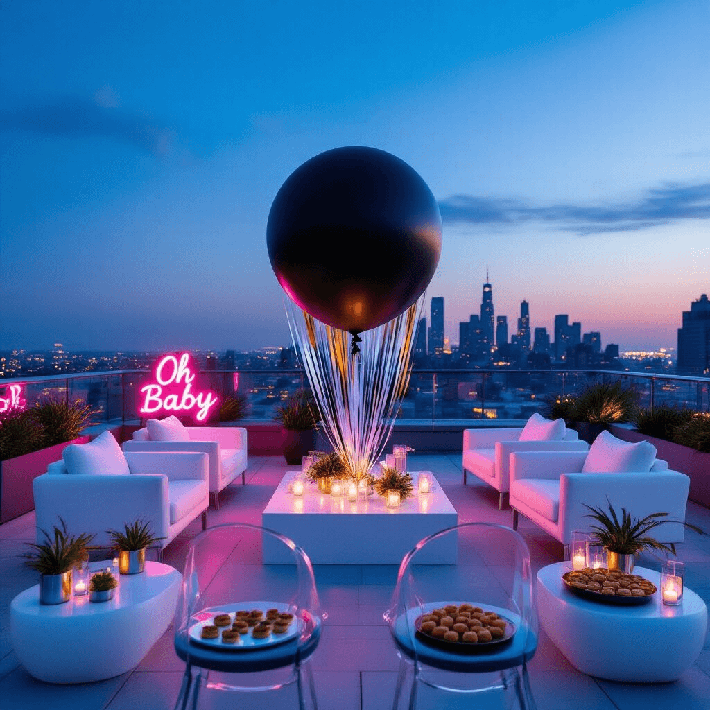 Magical Gender Reveal Decor: Creating Unforgettable Moments of Anticipation A chic rooftop terrace at twilight featuring minimalist decor for a gender reveal, with sleek white furniture, a matte black balloon installation surrounded by silver and gold streamers, ghost chairs, geometric terrariums, and a neon 'Oh Baby' sign casting a pink and blue glow over hors d'oeuvres on a marble bar, all set against a glowing cityscape.