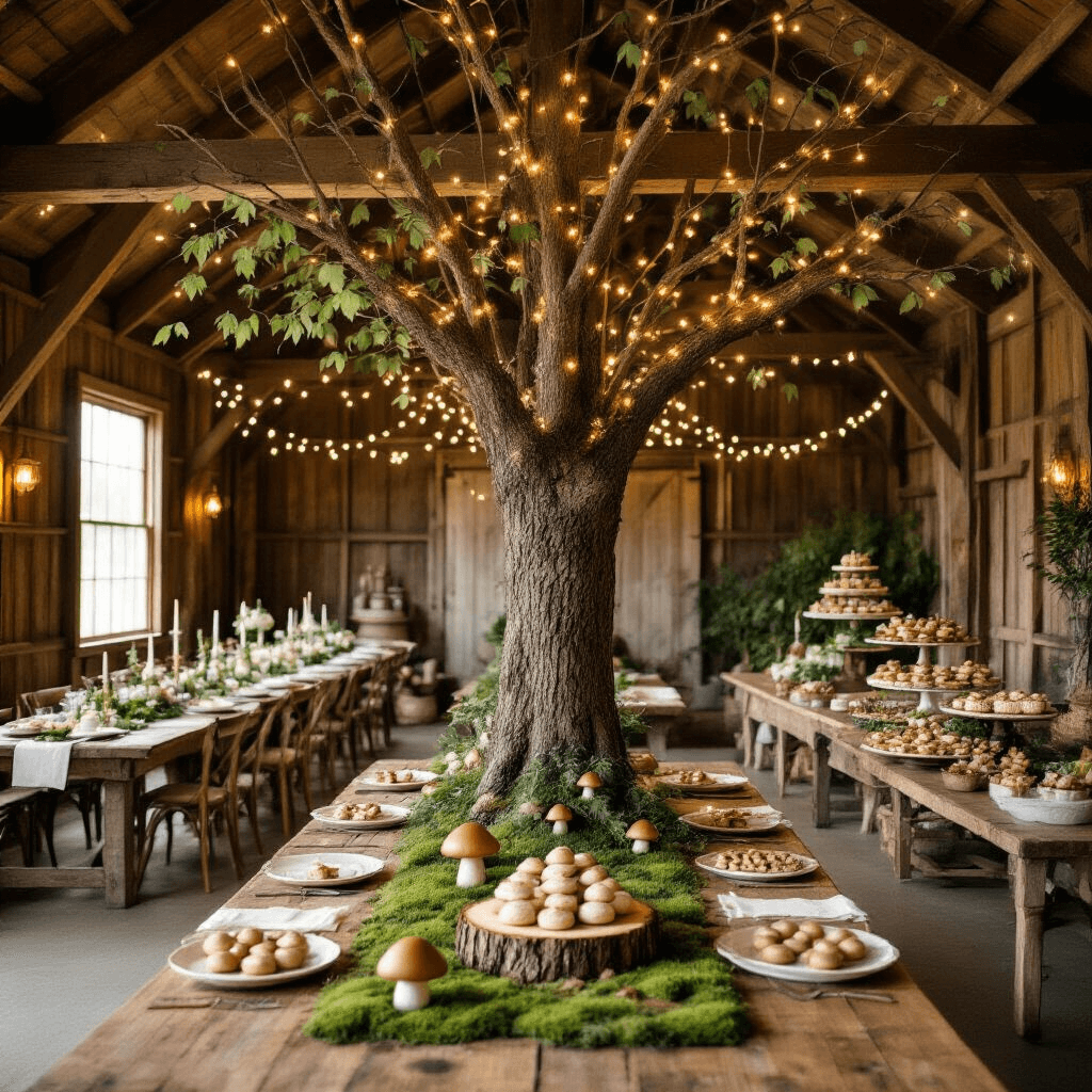 Magical Gender Reveal Decor: Creating Unforgettable Moments of Anticipation A whimsical barn interior transformed into an enchanted woodland for a fairytale-inspired gender reveal, adorned with soft twinkle lights, rustic farmhouse tables with moss runners and woodland creatures, a 'wishing tree' for predictions, and a dessert cart filled with forest-themed treats, all showcasing warm woods and lush greens.