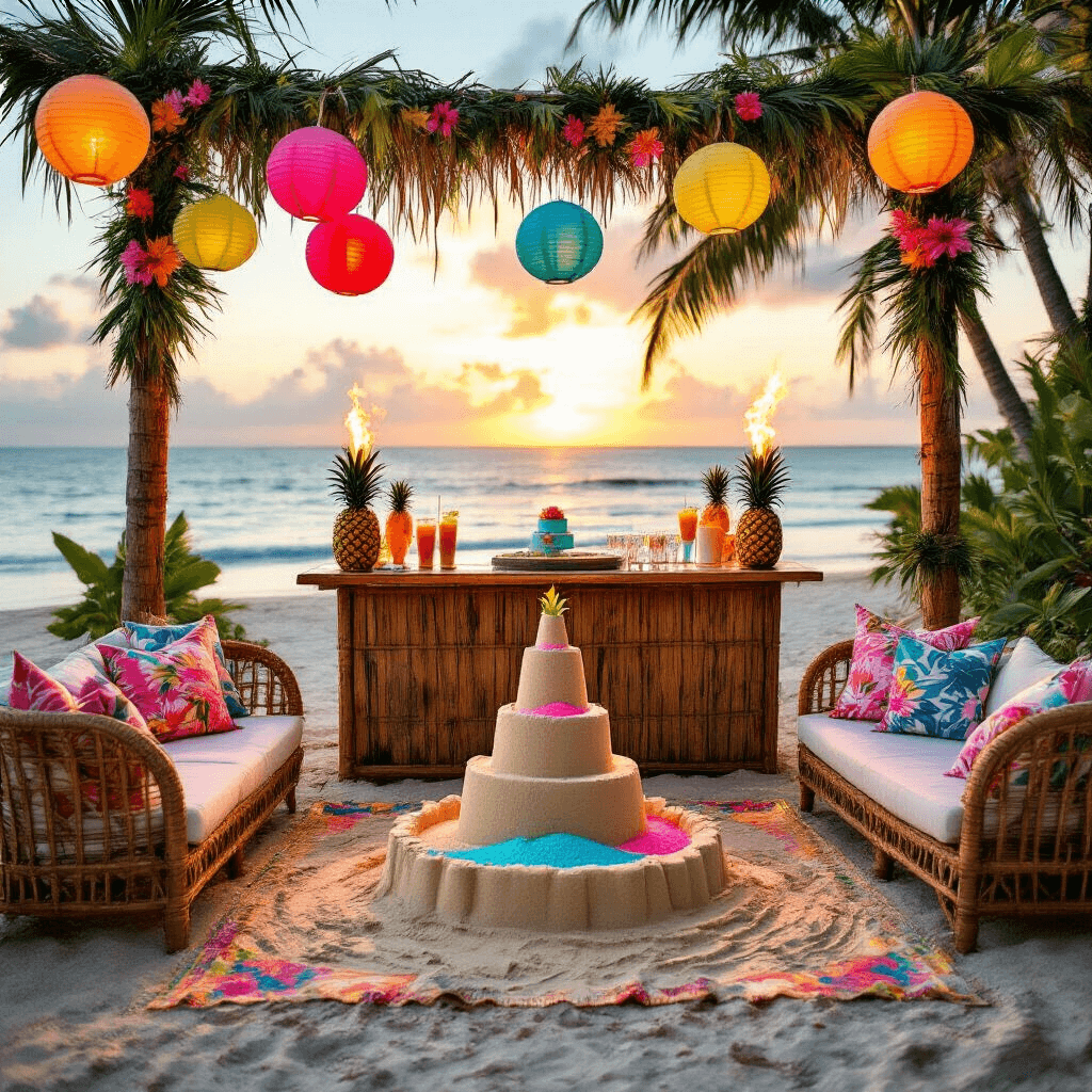 Magical Gender Reveal Decor: Creating Unforgettable Moments of Anticipation Tropical gender reveal party setup on a beachfront at golden hour, featuring tiki torches, colorful lanterns, rattan furniture, a surfboard bar with fruit mocktails, a sandcastle cake, and pink and blue gilded pineapples, all against a pastel sunset sky and ocean waves.