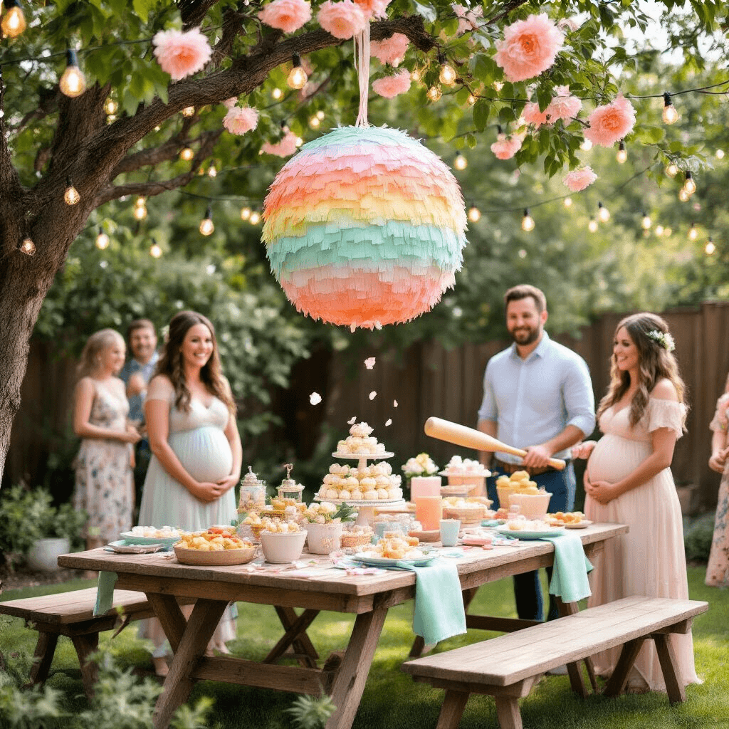 Ultimate Gender Reveal Games: Fun Ways to Amp Up the Excitement and Surprise! A whimsical gender reveal backyard scene featuring an expectant couple poised to smash a pastel-colored piñata hanging from a flowering tree, surrounded by excited guests, rustic tables with baby-themed snacks, and soft string lights creating a magical atmosphere.