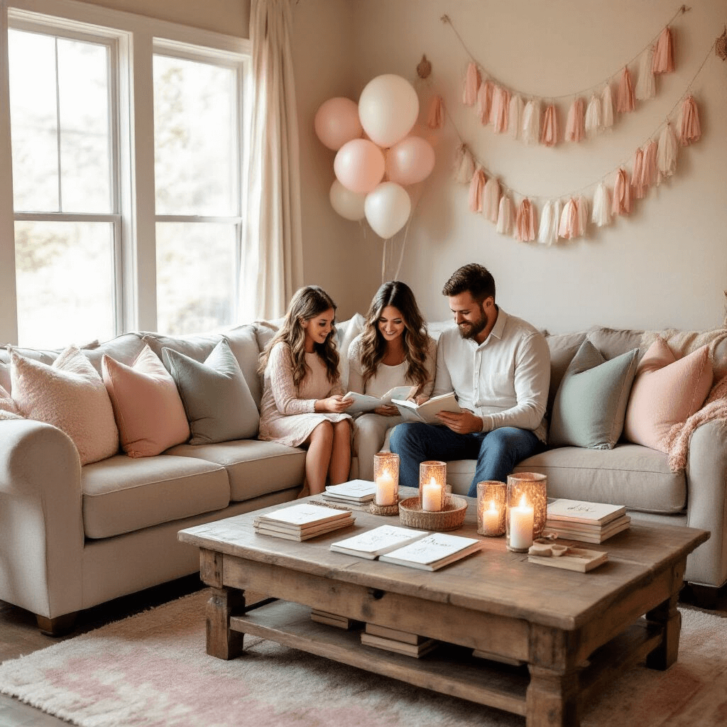 Ultimate Gender Reveal Games: Fun Ways to Amp Up the Excitement and Surprise! Cozy living room set up for a gender reveal gathering, featuring a plush sectional sofa with blush and sage throw pillows, a rustic coffee table with baby name books and notepads, warm candlelight, and whimsical decorations including paper garlands and balloon bouquets.