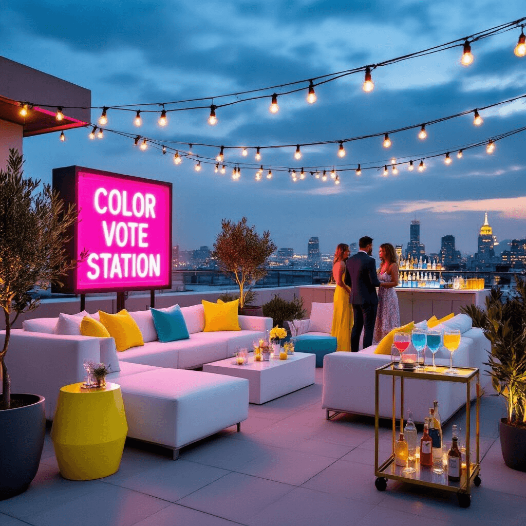 Ultimate Gender Reveal Games: Fun Ways to Amp Up the Excitement and Surprise! A modern rooftop terrace at twilight, decorated for a chic gender reveal party with sleek white furniture, vibrant yellow and teal accents, a neon-lit 'Color Vote Station', stylishly dressed guests, a geometric bar cart with custom cocktails, and string lights overhead amidst potted olive trees, all against a twinkling cityscape backdrop.