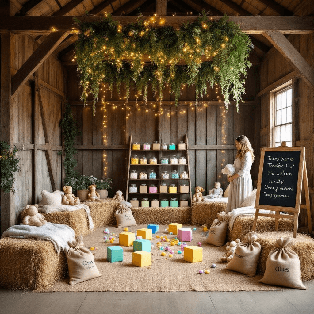 Ultimate Gender Reveal Games: Fun Ways to Amp Up the Excitement and Surprise! A rustic barn interior adorned with greenery and fairy lights, featuring hay bale seating, oversized baby blocks, stuffed animals, and a vintage ladder displaying colorful pacifiers. Expectant parents stand by a chalkboard easel, surrounded by guests, creating a warm and playful atmosphere for a 'Treasure Hunt Pacifier' reveal game.