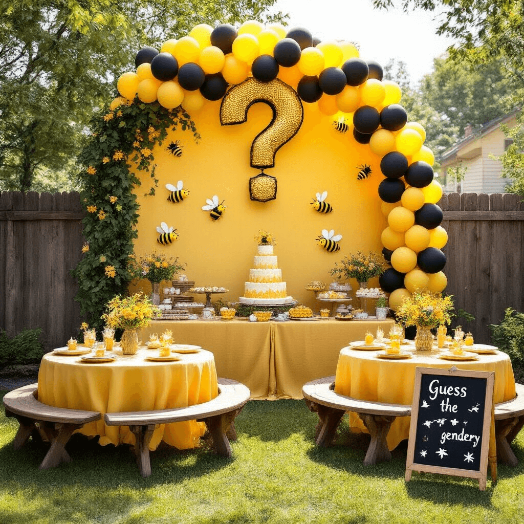 Ultimate Gender Reveal Party Decorations: Make Your Big Moment Unforgettable A whimsical gender reveal party in a sunlit backyard features a golden honeycomb backdrop, rustic picnic tables with wildflower centerpieces, and a festive balloon arch. Guests enjoy a beehive-themed cake and a 'guess the gender' chalkboard under twinkling fairy lights.