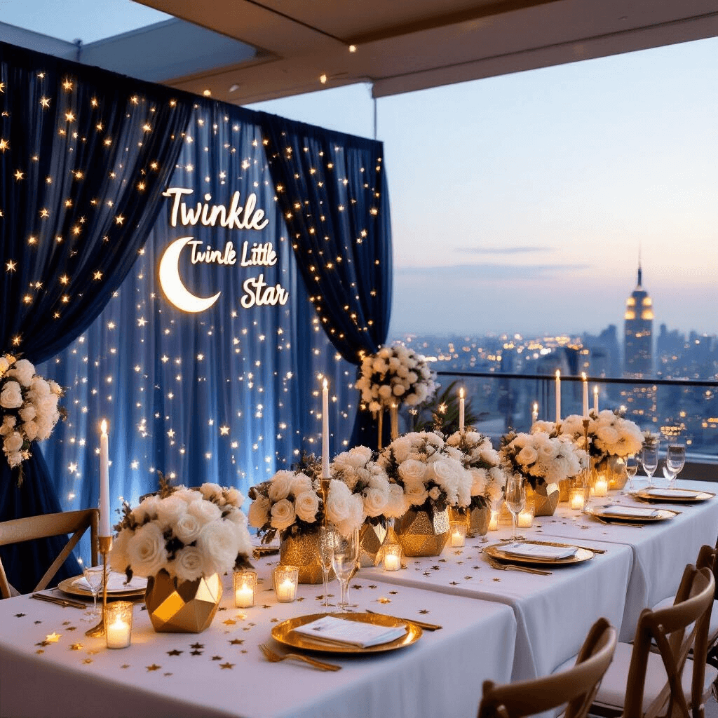 Ultimate Gender Reveal Party Decorations: Make Your Big Moment Unforgettable An elegant rooftop gender reveal party features a starry theme with navy fabric backdrop adorned with LED lights, long tables set with white linens and gold accents, floral centerpieces, a crescent moon photo booth, and a 'Star Prediction' station as dusk bathes the space in soft lighting.