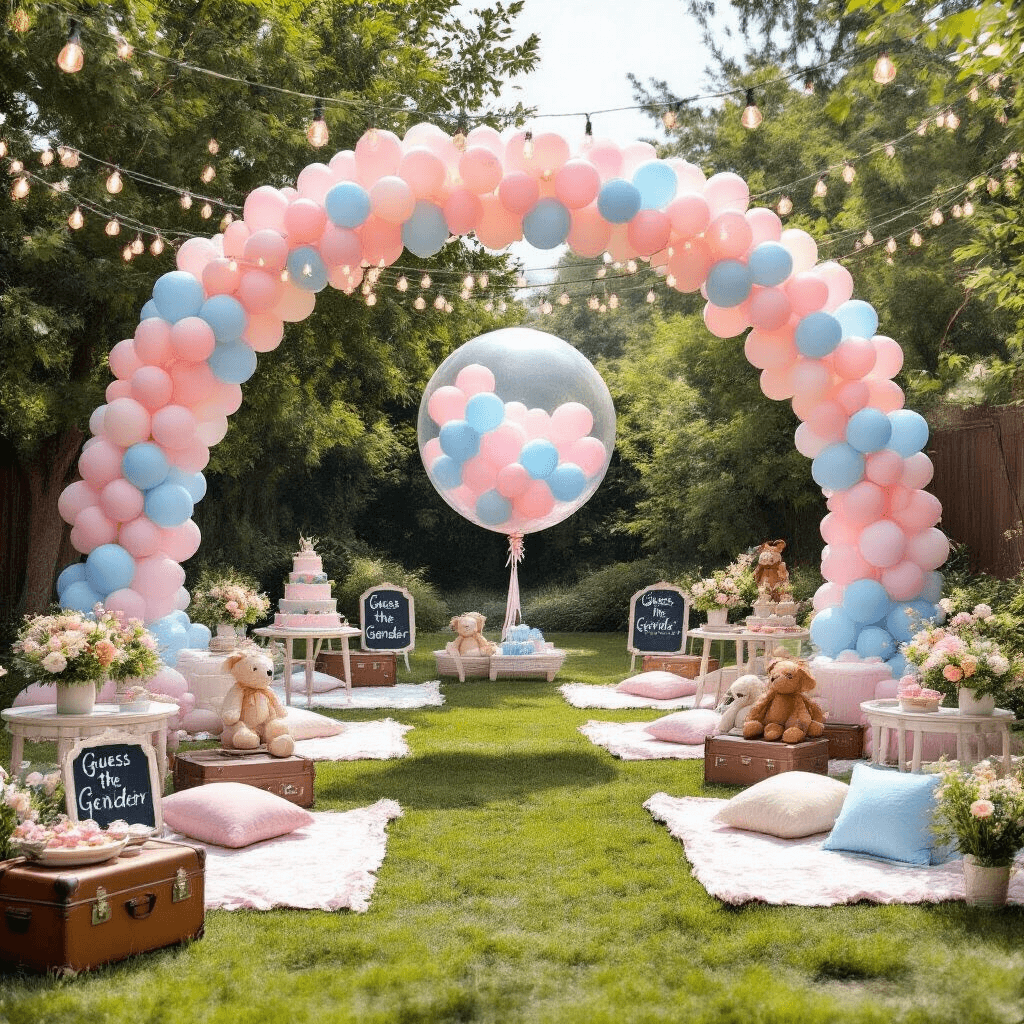 Gender Reveal Party Decor: Creating the Perfect Celebration A whimsical gender reveal party setup featuring an arch of ombre pink and blue balloons, picnic blankets with low tables, fairy lights overhead, a large transparent balloon filled with smaller balloons, vintage suitcases with stuffed animals and chalkboards, and a dessert cart with a tiered pink and blue cake.