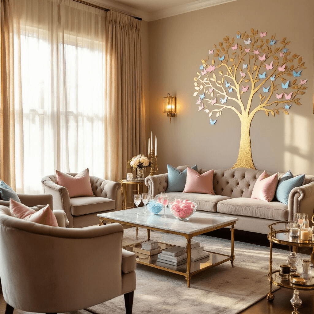Gender Reveal Party Decor: Creating the Perfect Celebration An elegant living room illuminated by warm golden hour light, decorated for a gender reveal gathering with a hand-painted gold leaf tree adorned with pink and blue paper cranes, plush velvet armchairs, a tufted sofa, a marble coffee table with a crystal bowl of sealed envelopes, soft throw pillows, flickering candles in mercury glass holders, and a bar cart featuring custom cocktails.