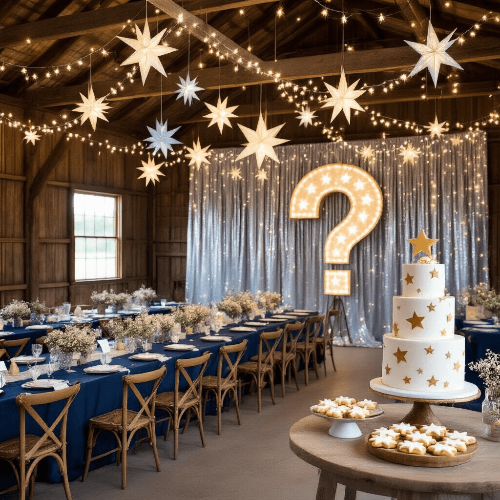 Gender Reveal Party Decor: Creating the Perfect Celebration A whimsical rustic barn interior decorated for a 'Twinkle Twinkle Little Star' themed gender reveal, featuring twinkling fairy lights, paper star lanterns, midnight blue table linens, gold star centerpieces, custom constellation cards, and a dessert table with star-shaped cookies and a pastel fondant cake.