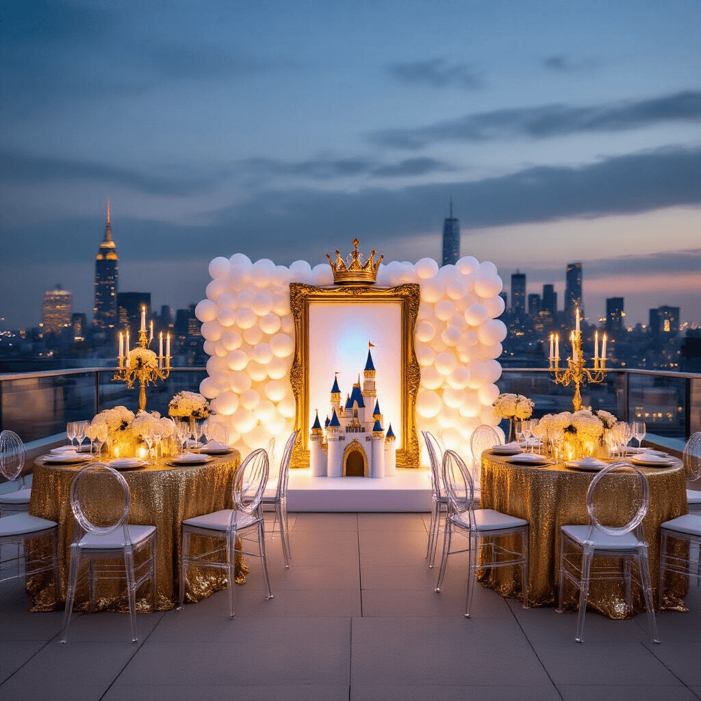 Gender Reveal Party Decor: Creating the Perfect Celebration A luxurious rooftop terrace for a 'Little Prince or Princess' gender reveal party, featuring gold sequin tablecloths, ghost chairs, and lush white rose arrangements, illuminated by string lights and candelabras, with a white balloon wall backdrop, champagne towers, and a central reveal station styled as a miniature castle with pink or blue smoke machines.