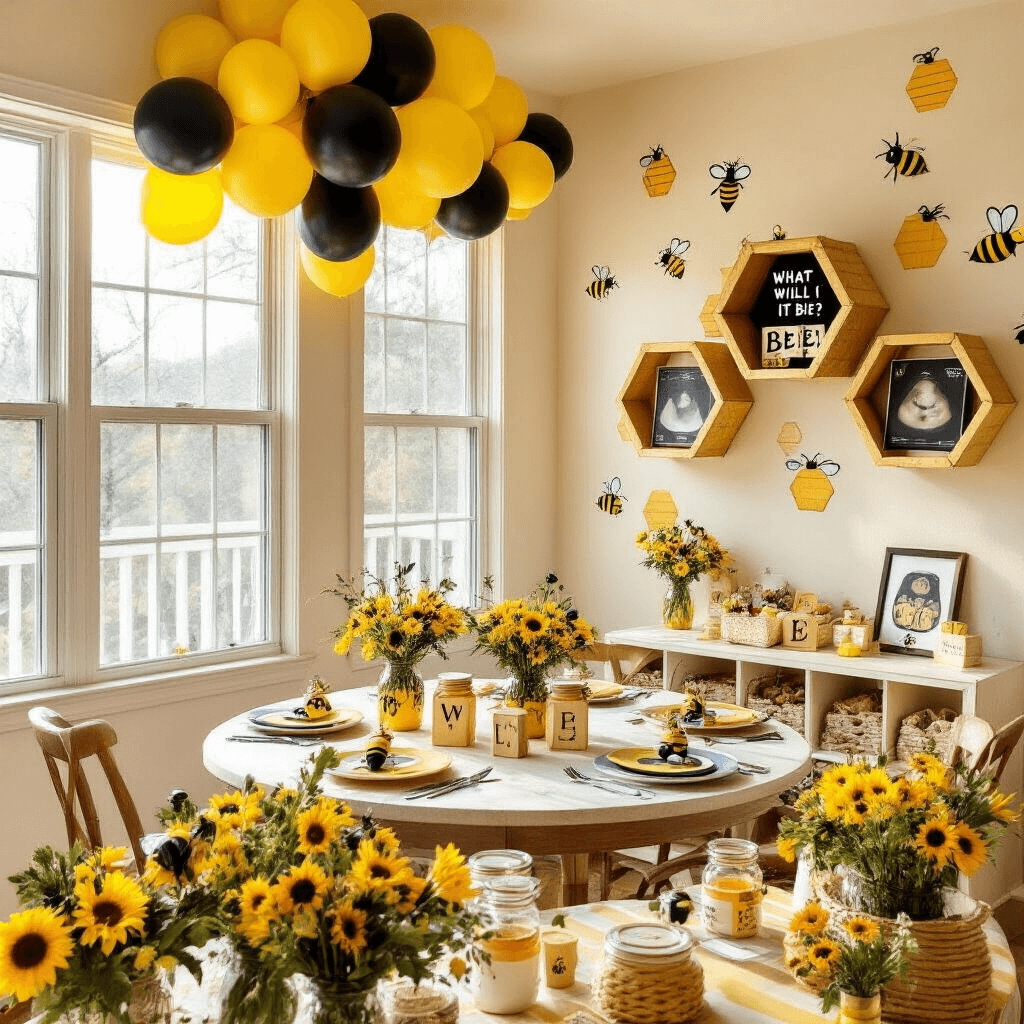 Gender Reveal Party Decor: Creating the Perfect Celebration A cozy apartment living space decorated for a bee-themed gender reveal brunch, featuring honeycomb-patterned wall decals, yellow and black balloons, a striped dining table with honey jar centerpieces and bee-shaped place card holders, a DIY hexagon shelf with 'What Will it Bee?' blocks, a craft station for decorating onesies, and a giant paper mache beehive pinata ready to release pink or blue confetti.
