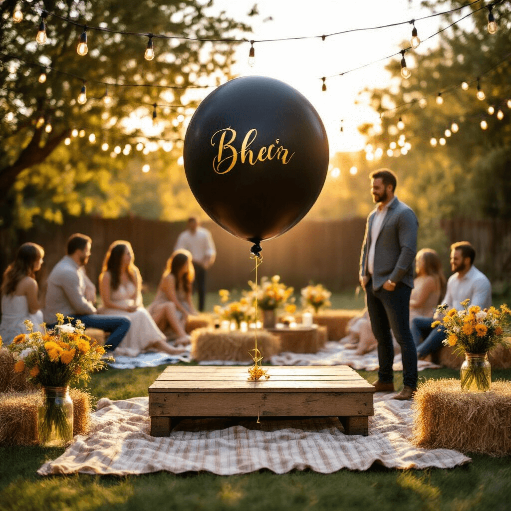 Magical Gender Reveal Balloons: The Ultimate Guide to Capturing That Perfect Moment A sunlit backyard gender reveal party featuring a large black balloon with gold calligraphy on a rustic wooden platform, surrounded by guests on picnic blankets and hay bales. Soft string lights hang overhead, wildflower bouquets in mason jars are scattered around, and the expectant couple stands poised with a gold pin, radiating excitement and nervousness just before the balloon is popped.