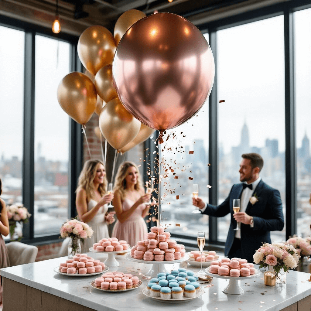 Magical Gender Reveal Balloons: The Ultimate Guide to Capturing That Perfect Moment An elegant indoor gender reveal in a light-filled loft with metallic gold balloons, floor-to-ceiling windows revealing a cityscape, and a dessert spread of blush pink and powder blue treats. Guests in cocktail attire hold champagne flutes, while a large balloon, half rose gold and half silver, bursts, sending confetti outward and capturing the joyful reactions of the couple in the foreground.