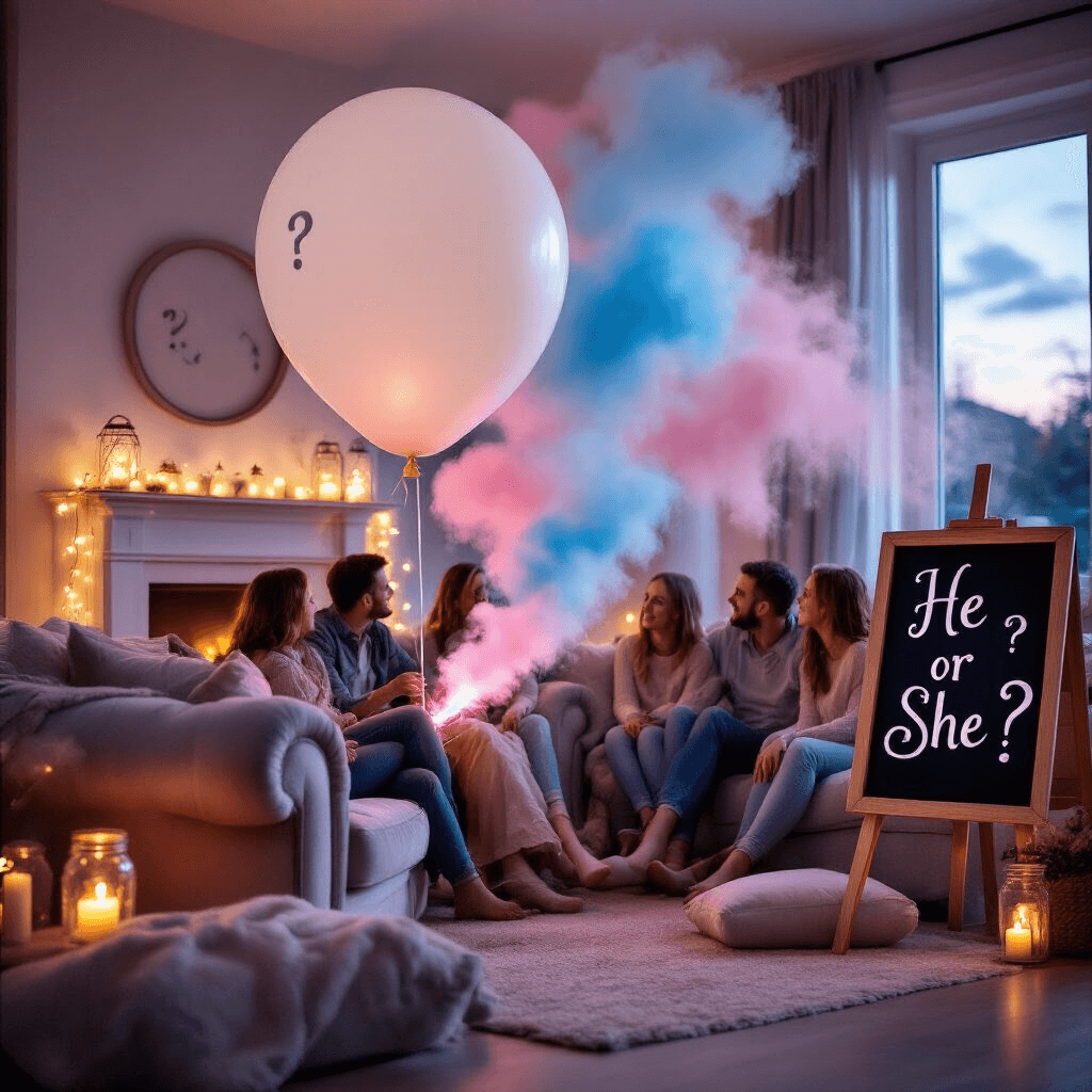 Magical Gender Reveal Balloons: The Ultimate Guide to Capturing That Perfect Moment A cozy living room gender reveal party with soft lamp light and candles illuminating a large white balloon marked with question marks. Fairy lights in mason jars twinkle on the mantle, while a chalkboard reads 'He or She?'. Friends and family create an intimate atmosphere on plush sofas and floor cushions as pink or blue smoke begins to emerge from the balloon, filling the room with colored mist.