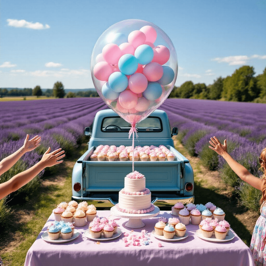 Magical Gender Reveal Balloons: The Ultimate Guide to Capturing That Perfect Moment A whimsical outdoor gender reveal picnic at a lavender farm, featuring a vintage pickup truck bed filled with pastel cupcakes and a tiered naked cake, as a large clear balloon bursts, releasing pink and blue balloons into the sky while guests joyfully reach upward.