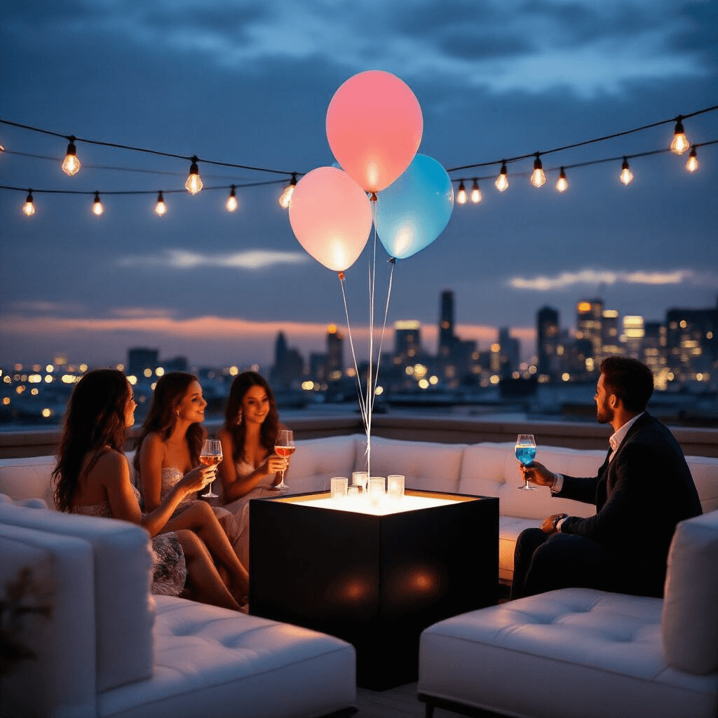 Magical Gender Reveal Balloons: The Ultimate Guide to Capturing That Perfect Moment An intimate rooftop gender reveal party at dusk, featuring stylish guests in cocktail attire holding drinks as a sleek black box opens, releasing a helium-filled balloon against a backdrop of twinkling city lights, with the couple's silhouettes embracing in the foreground.