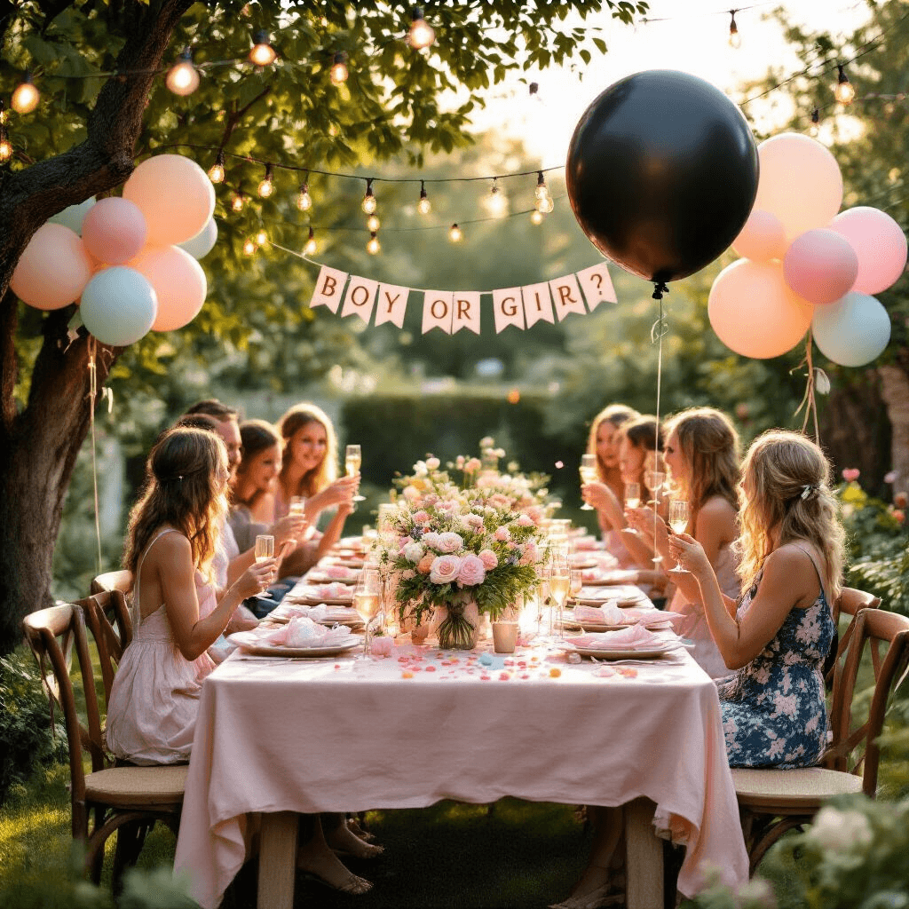 Unforgettable Baby Gender Reveal Party: Your Ultimate Guide to Magical Moments A sunlit backyard garden party featuring a long farmhouse table with blush pink linens and floral centerpieces, surrounded by guests with champagne flutes. In the foreground, a large black balloon filled with confetti awaits popping, while fairy lights twinkle overhead and pastel balloons frame the scene. A 'Boy or Girl?' banner hangs from a tree, gently swaying in the breeze.