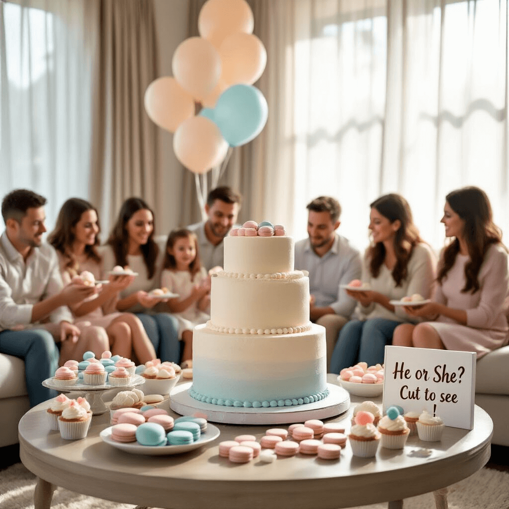 Unforgettable Baby Gender Reveal Party: Your Ultimate Guide to Magical Moments An intimate living room filled with soft morning light, featuring a central coffee table adorned with a two-tier white fondant cake surrounded by blush and powder blue macarons, cupcakes, and cake pops. Excited guests gather around, eagerly watching the expectant parents prepare to cut the cake, which promises a colorful surprise inside, while neutral-toned balloons float above and a 'He or She? Cut to see!' sign is prominently displayed.