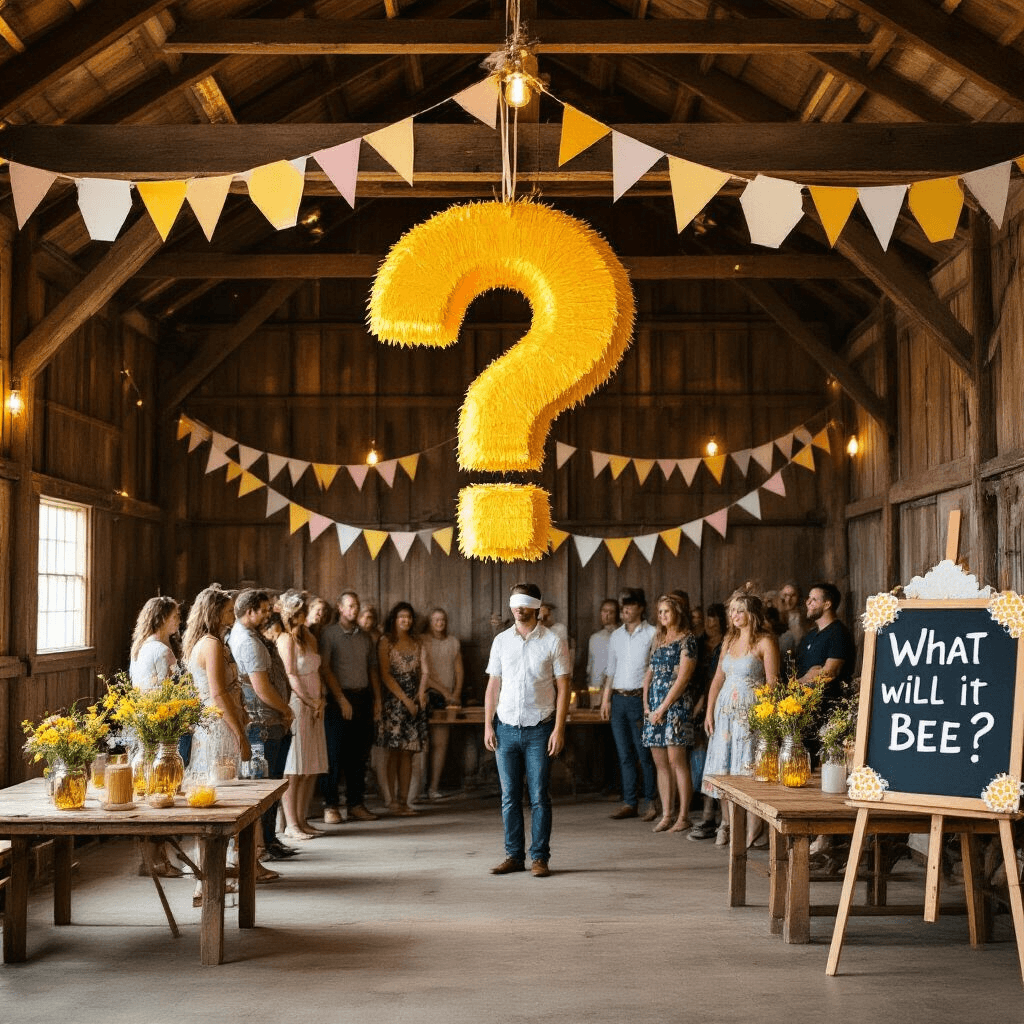 Unforgettable Baby Gender Reveal Party: Your Ultimate Guide to Magical Moments A whimsical party scene inside a rustic barn, featuring warm lighting, a question mark piñata hanging from wooden beams, excited guests in a circle, and vintage bunting. Mismatched wooden tables with mason jars of wildflowers and a chalkboard easel displaying “What will it bee?” decorated with honeycomb paper shapes.