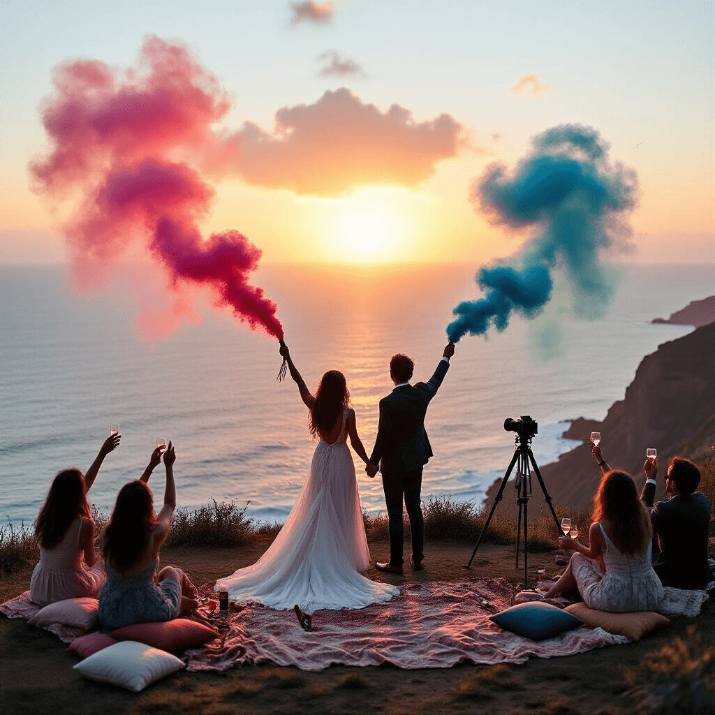 Unforgettable Baby Gender Reveal Party: Your Ultimate Guide to Magical Moments A couple silhouetted against a golden sunset on a clifftop, activating pink and blue smoke bombs, with joyful guests celebrating below; adorned with boho-chic decor and vintage camera setup.
