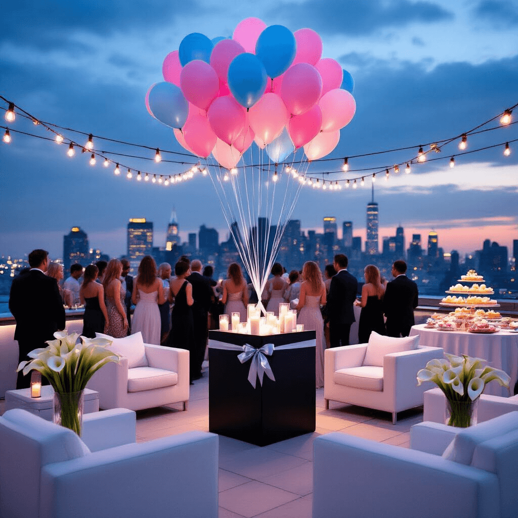 Unforgettable Baby Gender Reveal Party: Your Ultimate Guide to Magical Moments Upscale rooftop terrace party at twilight with sleek white lounge furniture, a large black box tied with a silver bow in the center, guests in cocktail attire, helium balloons in pink and blue, elegant calla lilies in vases, floating candles, a dessert table with color-coordinated treats, and string lights creating a magical atmosphere.
